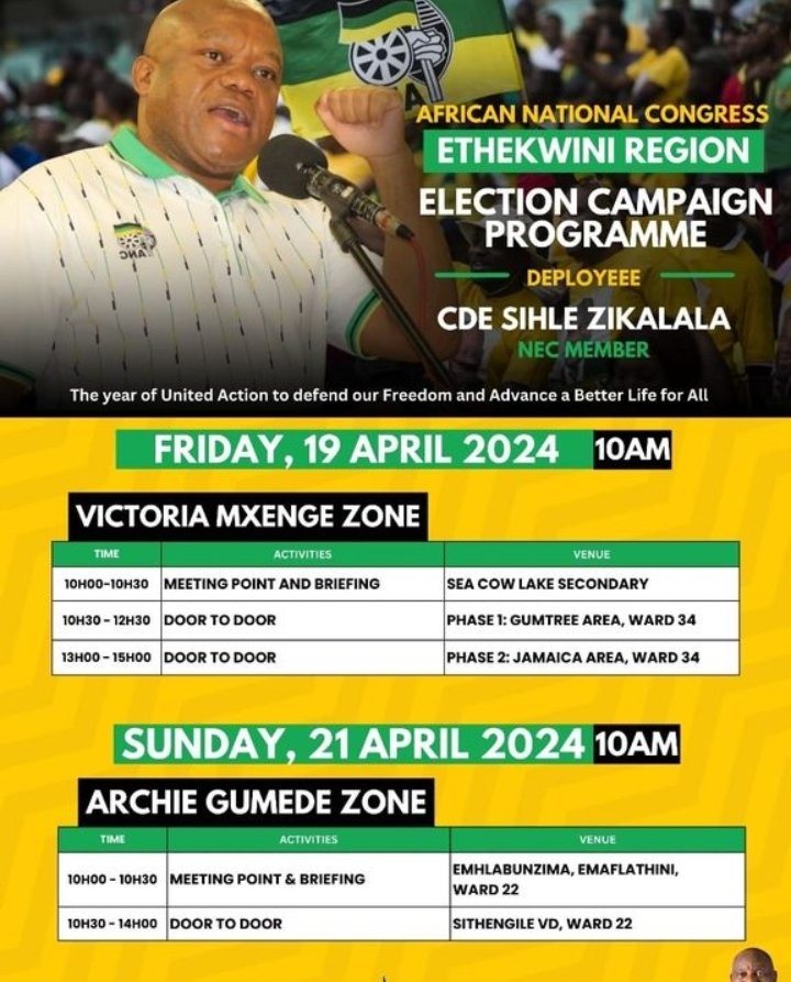 🚨 ELEECTIONS🗳️] @MYANC NEC member cde @sziks will embark on a 3 day long election campaign trail in KwaZulu-Natal province. Cde Zikalala will be taking the ANC message to every household geared towards an overwhelming and decisive electoral victory 🗳️✊🏾⚫🟢 #VoteANC