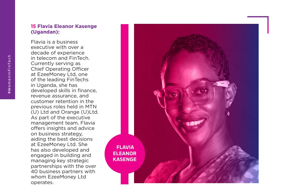 2024 Top 100 #WomenInFinTech 👇👇 15. @Eleanor_Flav (Ugandan): Flavia, COO at EzeeMoney Ltd, has over 10 years in telecom and FinTech. She brings expertise from MTN and Orange, focusing on business strategy and key partnerships. | shorturl.at/gkpY4 #LevelOneProject…