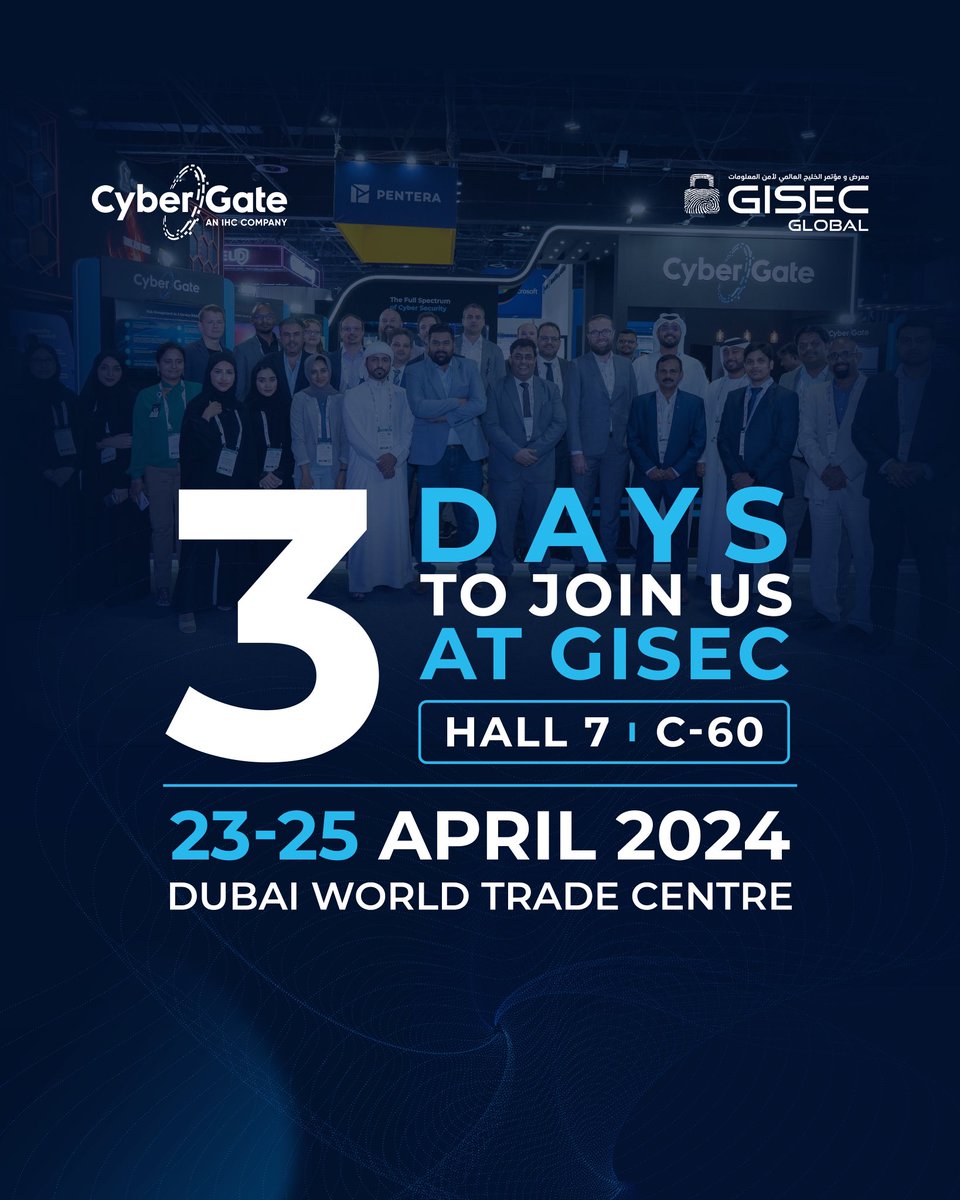 CyberGate Defense (@cybergate_ae) on Twitter photo Excitement is building! Only 3 days left until <a href="/GISECGlobal/">GISEC GLOBAL</a> 2024 kicks off! 🎉 Don't miss your chance to connect with our team at the CyberGate stand. Explore cutting-edge solutions, network with industry leaders, & be part of the cybersecurity revolution. See you there! Excitement is building! Only 3 days left until <a href="/GISECGlobal/">GISEC GLOBAL</a> 2024 kicks off! 🎉 Don't miss your chance to connect with our team at the CyberGate stand. Explore cutting-edge solutions, network with industry leaders, & be part of the cybersecurity revolution. See you there!