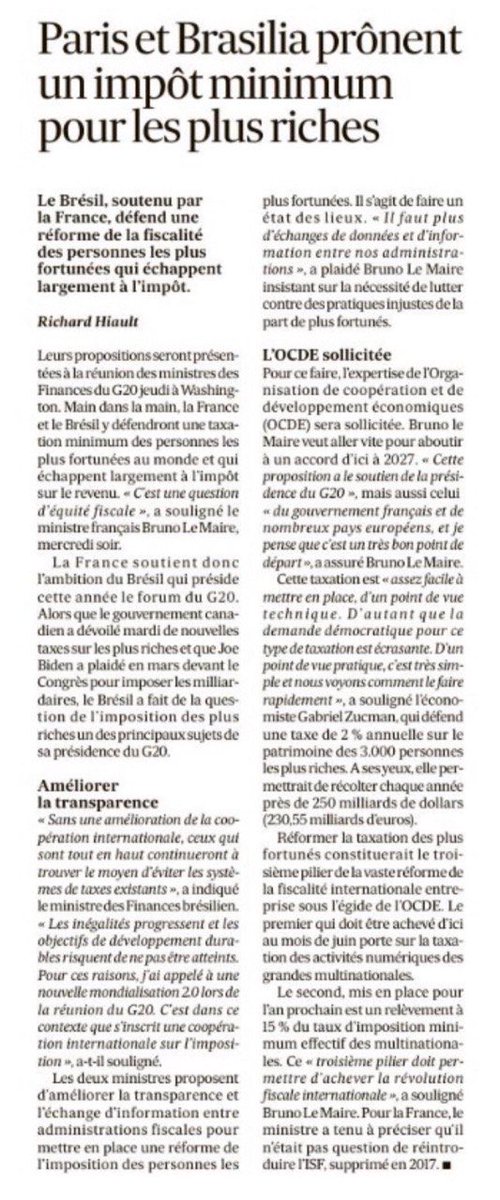 Réussir un impôt mondial minimum pour les ultra riches comme nous l’avons fait pour les grandes entreprises. Le chantier commence aujourd’hui et la 🇫🇷est à la pointe du combat! ⁦@ValerieHayer⁩ ⁦@Renaissance⁩