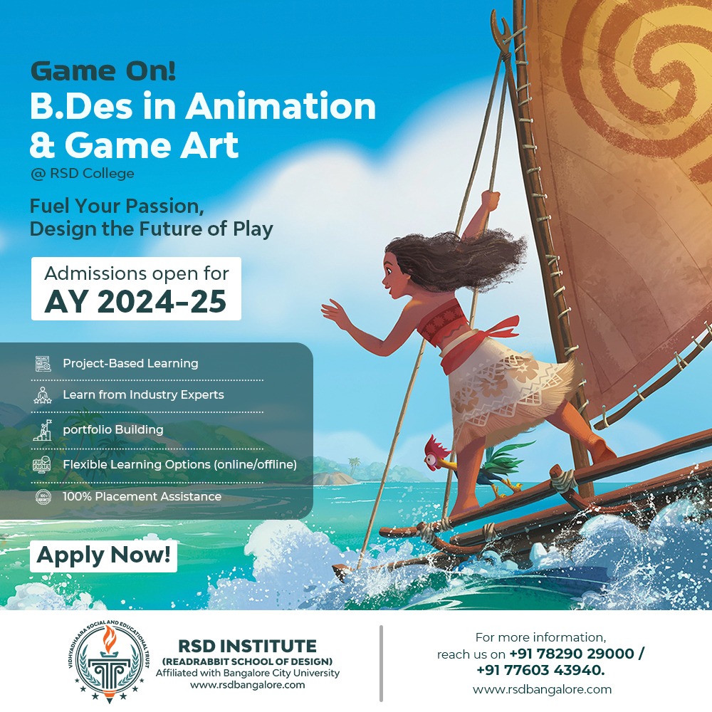 Fuel your passion, design the future of play with B.Des Degree in Animation & Game art from RSD Institute of Visual arts, design & technology.

#animation #animationdegree #vfxdegree #animationclasses #rsdinstitute #rsdinstitutebangalore #bachelorsdegree #degreeindesign