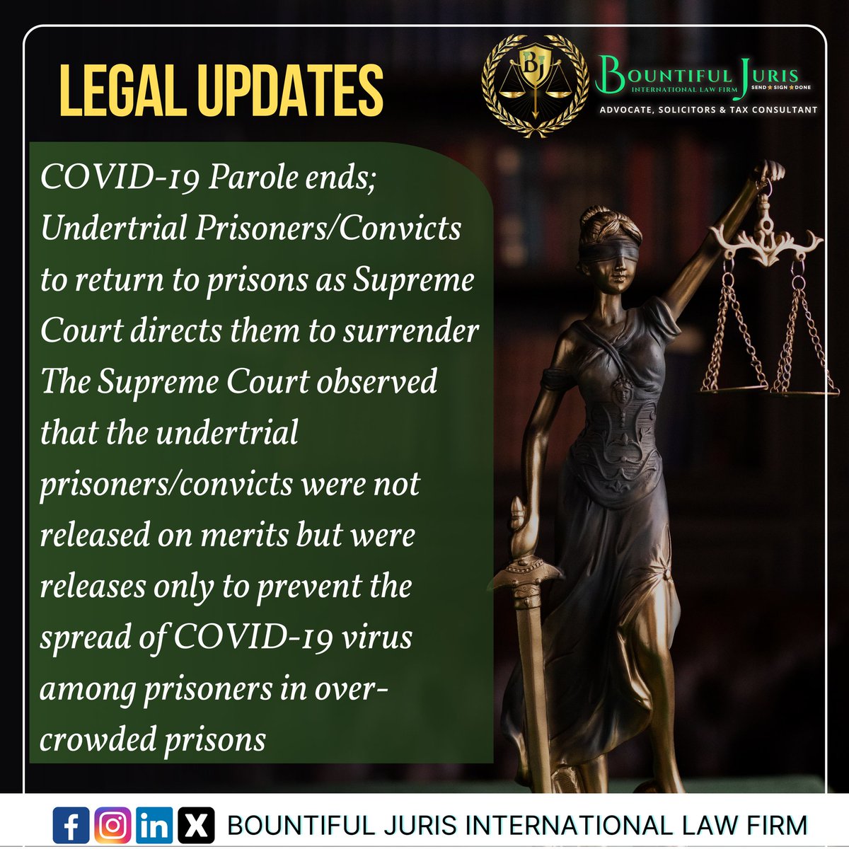 Legal Updates....
.
Follow Us For More Updates 
.
.
.
.
#covidー19 #corona #virus #covidwarriors #prison #release #pandemic #bountifuljuris