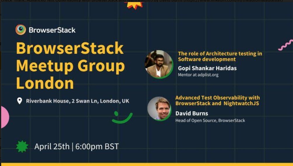 Calling all QA professionals in London! 📅 Don't miss @browserstack's in-person event on April 25th at Riverbank House. Expect insightful sessions, networking, and more. 🎉 Sign up now: meetup.com/browserstack-s… #QualityAssurance #TechEvent @AutomatedTester