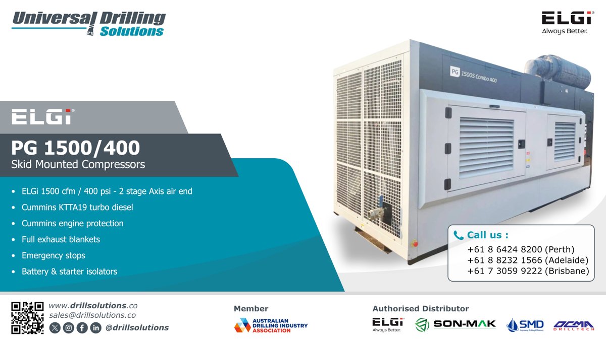 drillsolutions_'s tweet photo. With compressed air output of 1500 cfm and a working pressure of 400psi, makes the ELGi PG1500 the perfect fit for heavy-duty drilling operations in remote locations. 

Click link in bio for more information!
#compression #Value #drilling #diesel #NewZealand https://t.co/yyTQ6c8D02