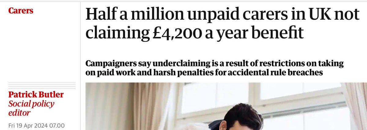 Strict earnings limit on carers and fear of the penalties for getting it wrong means half a million don’t claim the help they could get, say campaigners bit.ly/4aClUkY