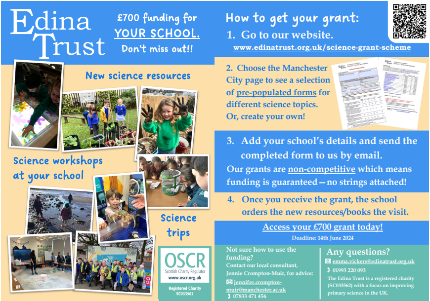 📢Manchester City Council Schools📢 Only 8 weeks left to claim your £700 @EdinaTrust grant for this academic year. Don't miss out on the opportunity to enhance science with new equipment to enrich your curriculum. Find out more and apply at: edinatrust.org.uk/manchester-for…