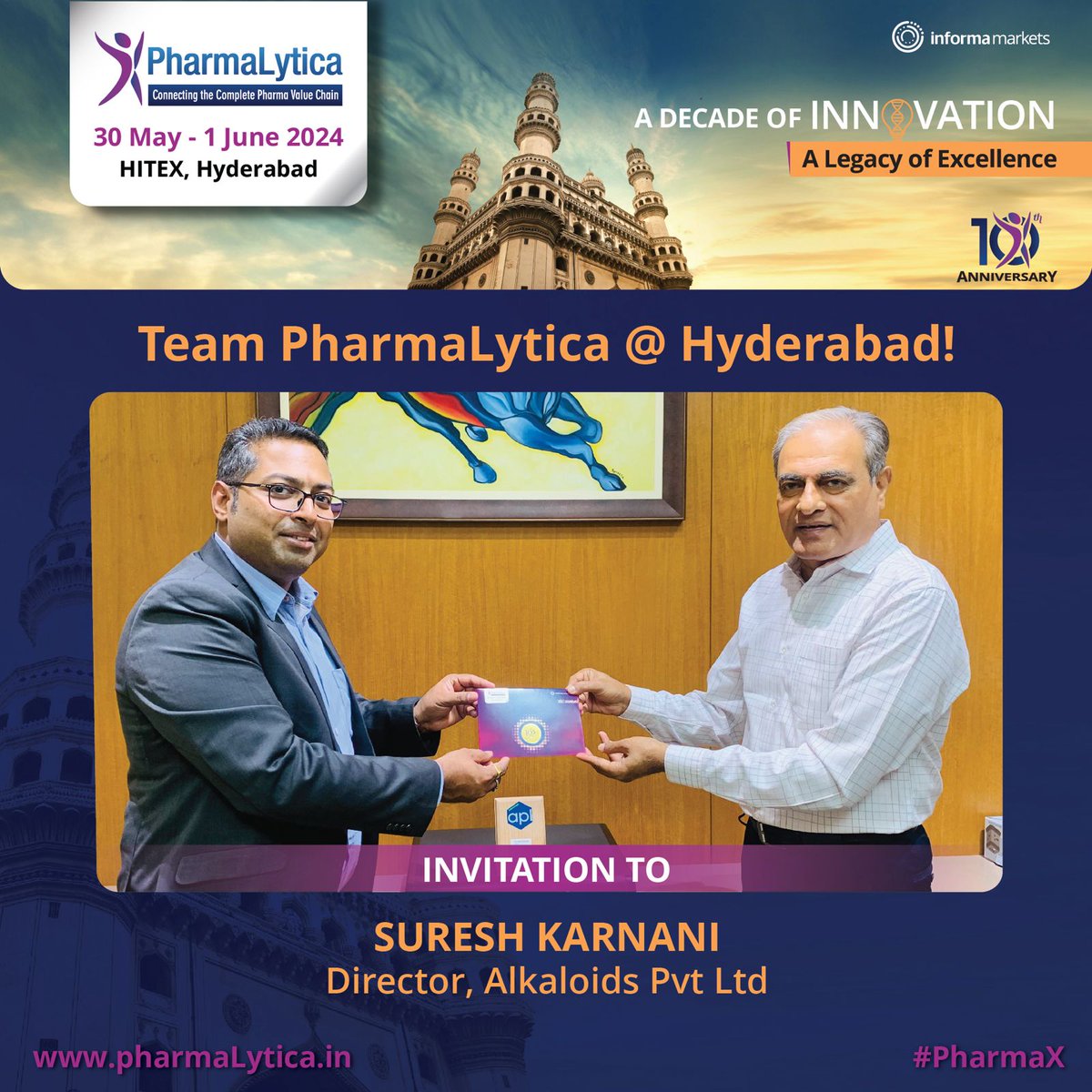 Excited to invite Mr. Suresh Karnani & team from Alkaloids to PharmaLytica 2024 in Hyderabad! Join us to explore pharmaceutical innovations. 📅 May 30 - June 1 🕒 10 AM - 6 PM 📍 HITEX 

🎫 Register: bit.ly/42fflBK

#PharmaLytica2024 #PharmaIndustry