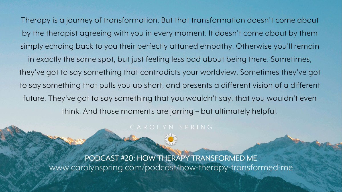 Are we looking for transformation in therapy, or just for sympathy? I benefitted hugely from therapists showing me immense empathy alongside immense challenge. Listen: carolynspring.com/podcast/podcas… #TherapistsConnect