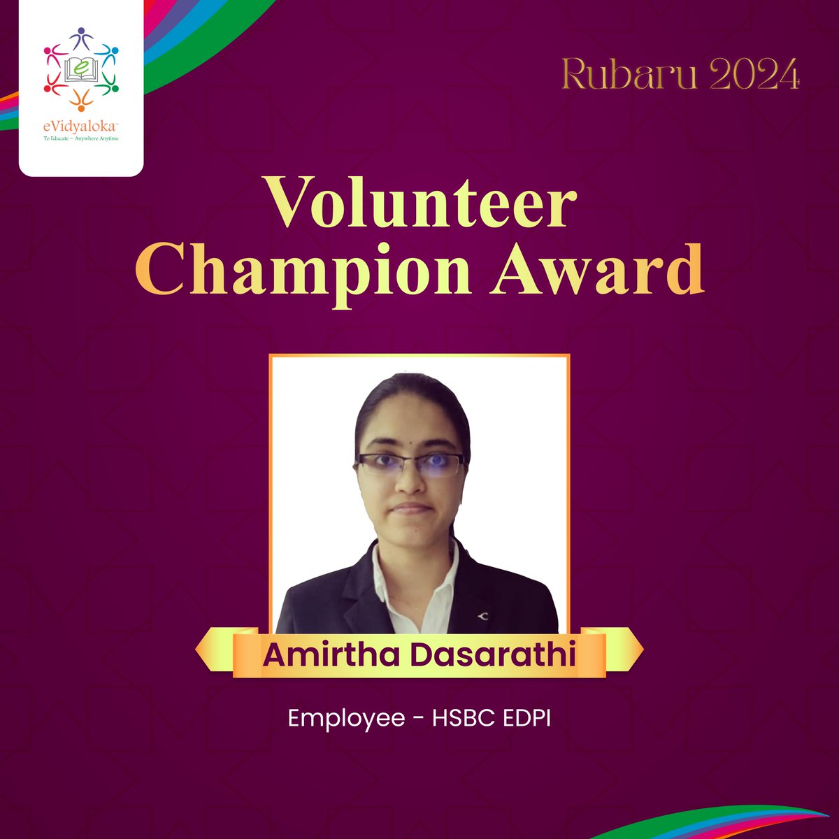 At RUBARU 2024, eVidyaloka celebrated its devoted volunteers for their tireless work in uplifting rural students throughout the past academic year.

Our heartfelt appreciation goes to Amirtha Dasarathi from HSBC EDPI. 
#eVidyaloka #Volunteer #childdevelopment