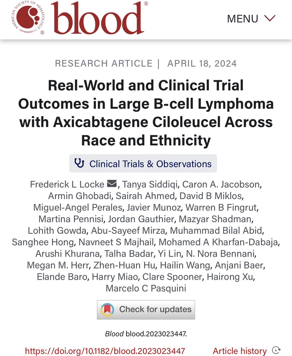 Real-World and Clinical Trial Outcomes in Large B-cell Lymphoma with Axicabtagene Ciloleucel Across Race and Ethnicity ashpublications.org/blood/article/… #Racial_disparities #CARTcell @CIBMTR NH Black patients had lower overall response rate (OR, 0.37, [95% CI, 0.22-0.63]) and lower…