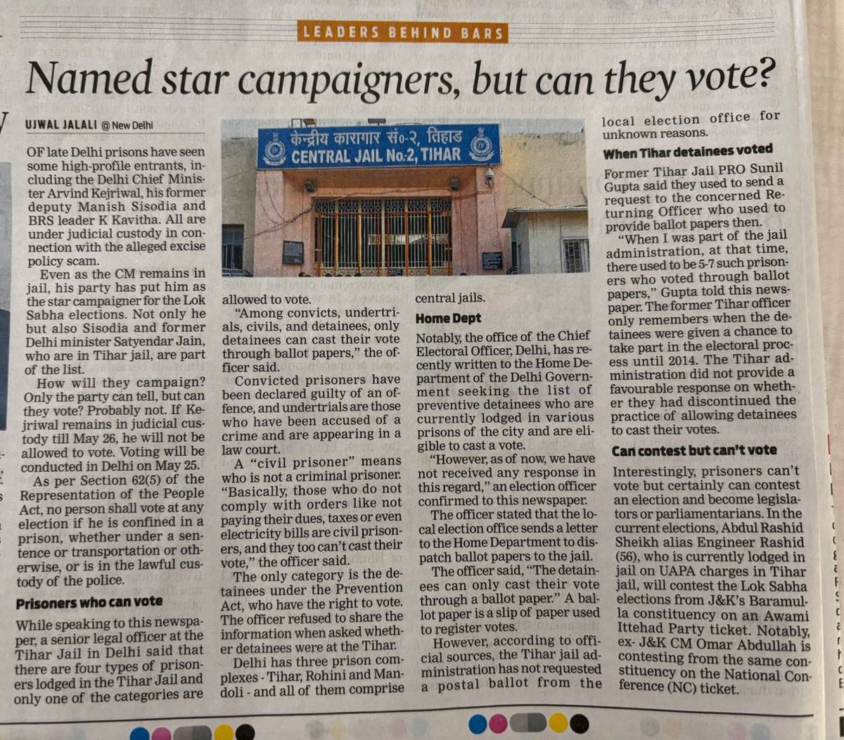AAP has named CM Kejriwal, Sisodia & Jain as star campaigners for #LokSabhaElections2024 How will they campaign while being in jail? Only the party can tell, but can they even vote? Probably not! Read our report to know voting rights of a prisoner Link: newindianexpress.com/cities/delhi/2…