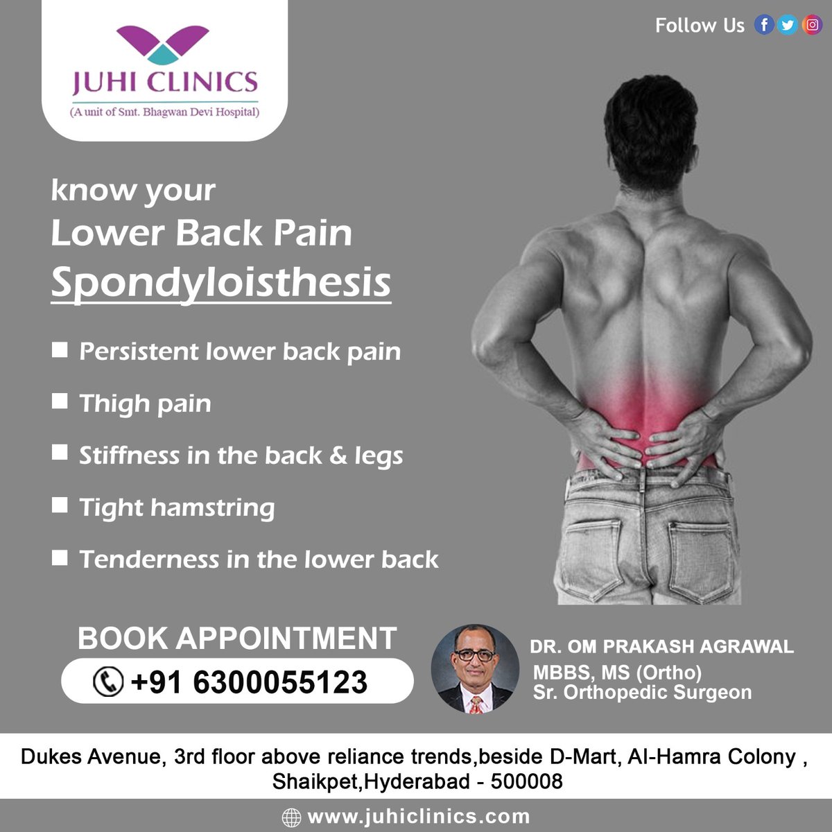 'Alleviate lower #backpain with our #spondylolisthesis solution.
Expert care for #relief and #mobility. 
Say goodbye to discomfort!'

#juhi #juhiclinics #dromprakashagrawal #orthopedic #orthopedicdoctor #orthopedicdoctorinhyderabad #orthopedicsurgeon #orthopedicdoctorinshaikpet