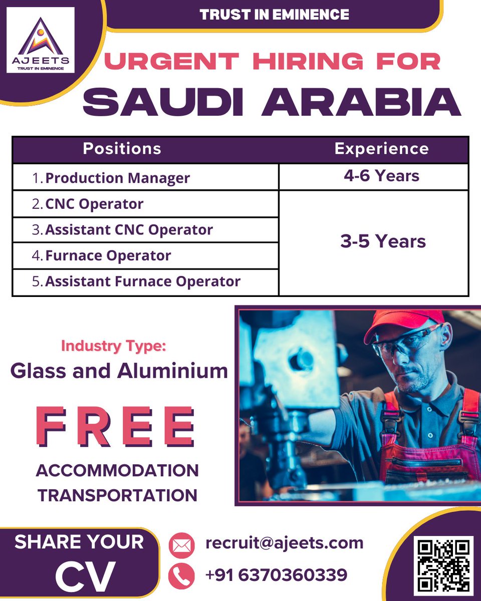 Urgent Hiring For Saudi Arabia!!!
#urgenthiring #hiringnow #abroadjobs #saudijobs #productionmanager #cncoperator #assistantcncoperator #furnanceoperator #applynow #gethired #carrer