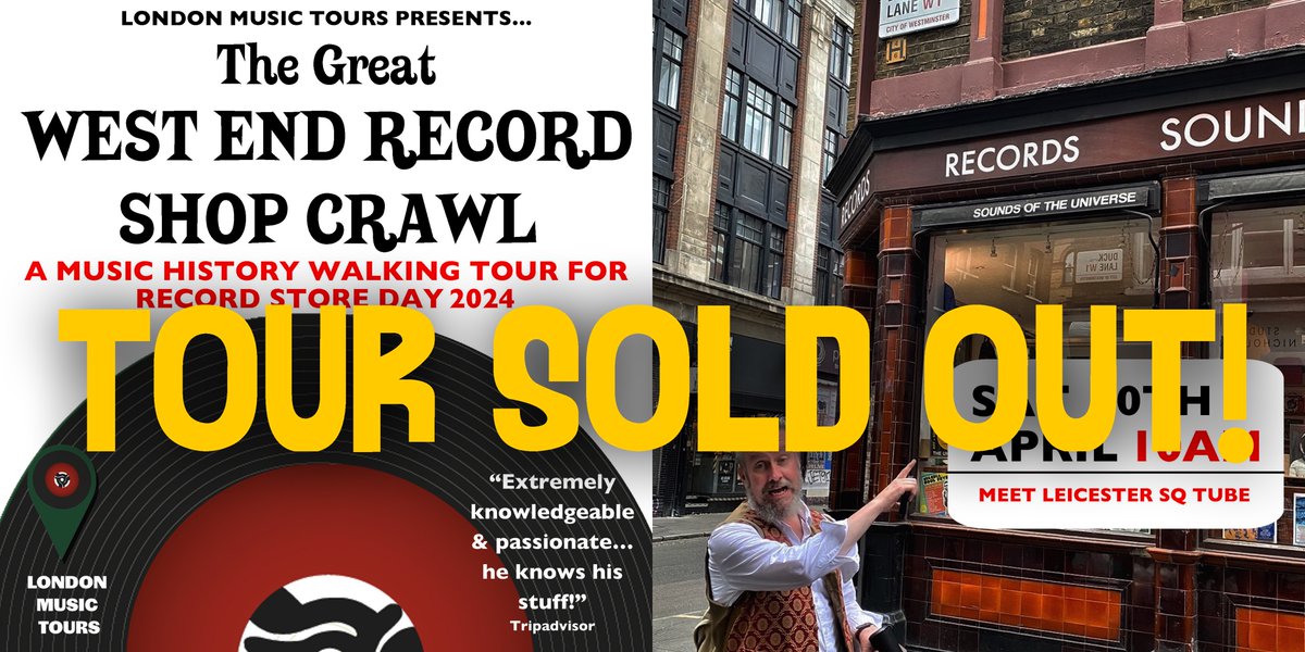 The West End Record Store Crawl walking tour #RSD24 takes place 2morrow - it sold out in record (ouch) time. If you'd like to register interest for the 2025 tour, hit the link below. With sufficient interest I can schedule more than one tour that weekend londonmusictours.org/2024/03/14/rec…