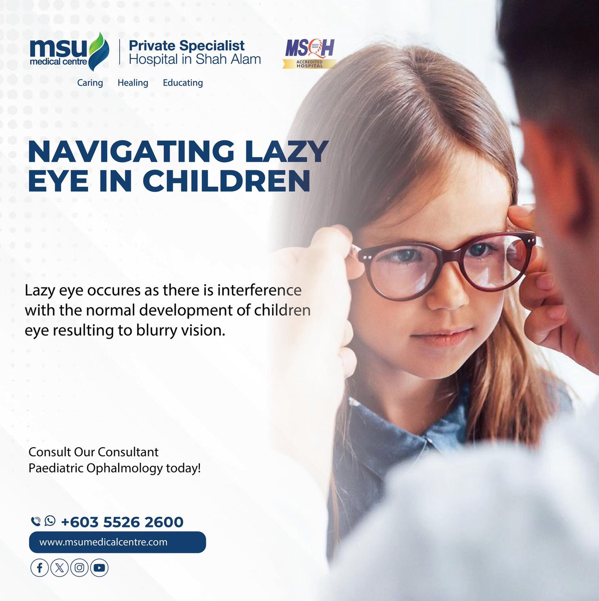 The drooping or falling of the eyelid if severe and untreated  will lead to lazy eye. It is crucial to treat at younger age to avoid further complications.

Visit our website at msumedicalcentre.com or call us at 03-55262600 for more details.

#CaringHealingEducating 
#MSUMC