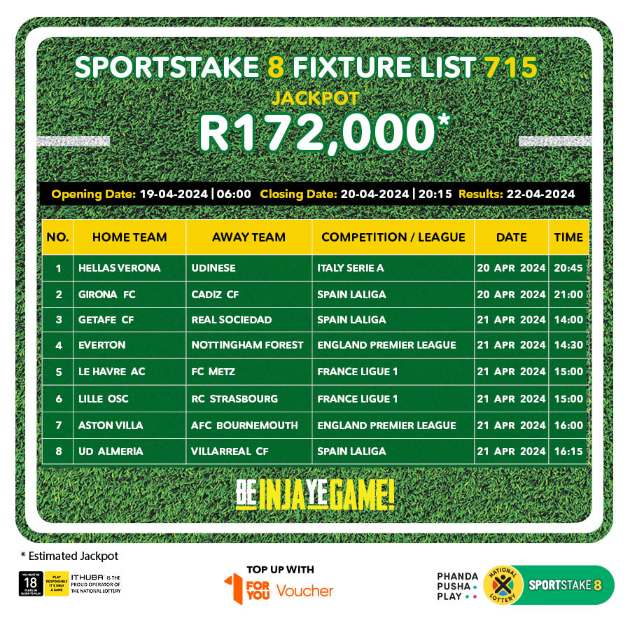 Here are the #SPORTSTAKE8 #FixtureResults, #Dividends for list 714 & #Fixturelist 715 with an estimated Jackpot of R172,000. #BeInjaYeGame