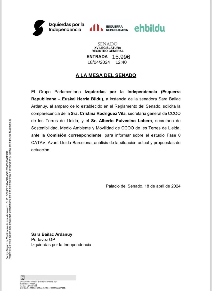 L’equip de @CCOOLleida ha estat referent en la proposta de solucions factibles per millorar el transport ferroviari a #Lleida. Per això, volem que compareguin al Senat per explicar les seves propostes per millorar el servei AVANT entre Lleida i Barcelona.