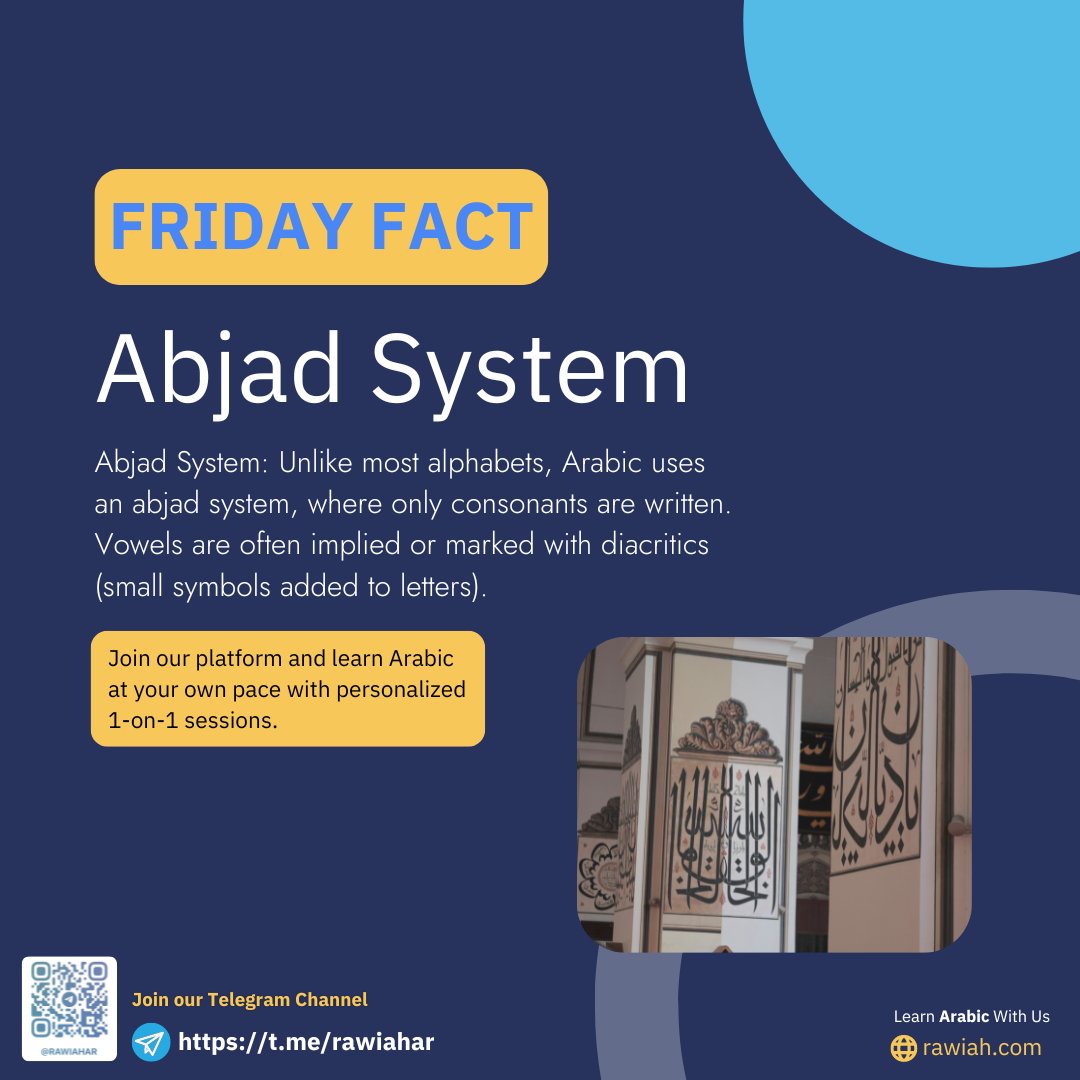 Rawiah_AR's tweet image. Unravel the mystery of Arabic script! 📜 

Did you know that Arabic uses the Abjad system? 🌟  

#Rawiah #ArabicScript #LanguageBeauty 
.
Join our telegram channel - t.me/rawiahar
Visit - rawiah.com