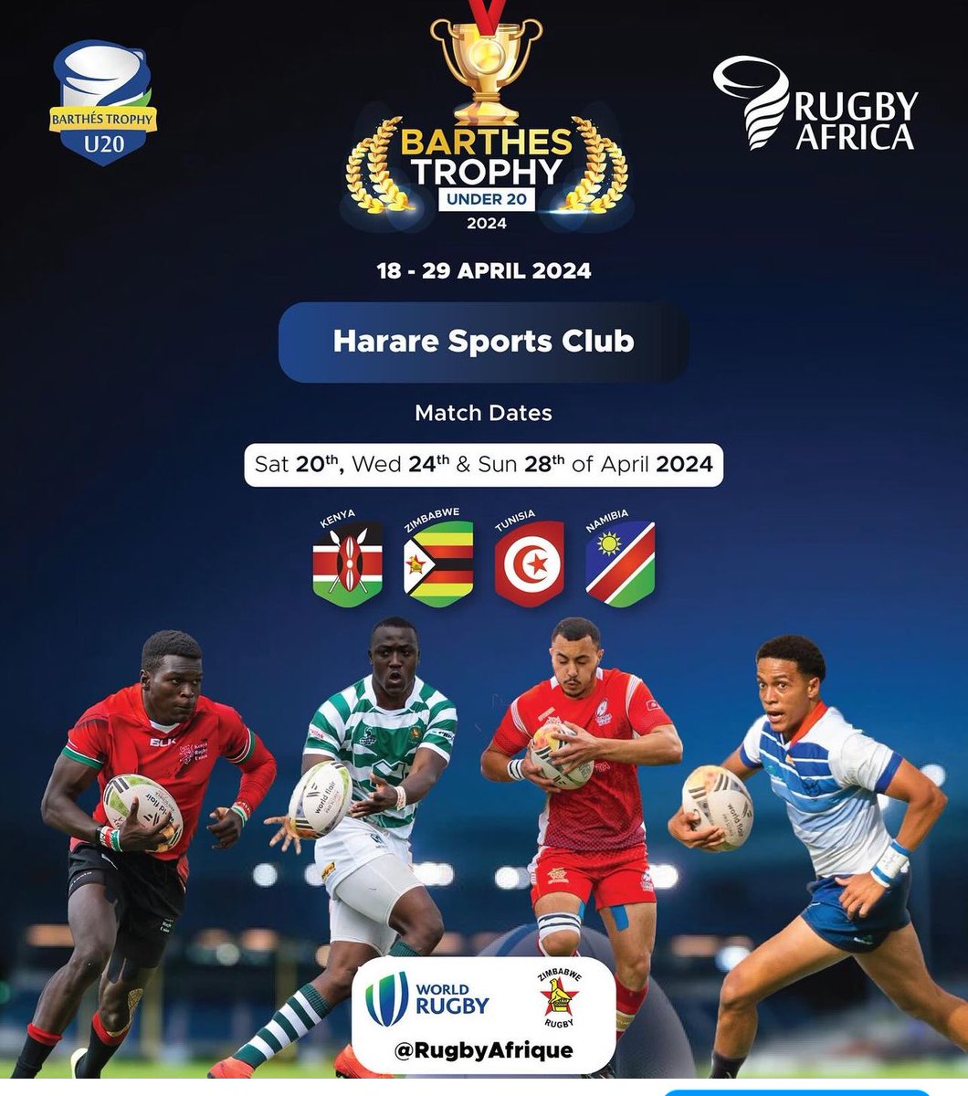 RugbyAfrique's tweet photo. 19 April 2024 Program for Barthes Cup 

1000am  Captains Photoshoot

1100 am  Technical Meeting @ Cresta Lodge

1230 CAPTAIN’S RUN (Tunisia)

1330 CAPTAIN’S RUN (Zimbabwe)

14.30 Press Conference  @ Harare Sports Club

1500 CAPTAIN’S RUN (Namibia)

1600 CAPTAIN’S RUN( kenya) https://t.co/BXIRekFNce