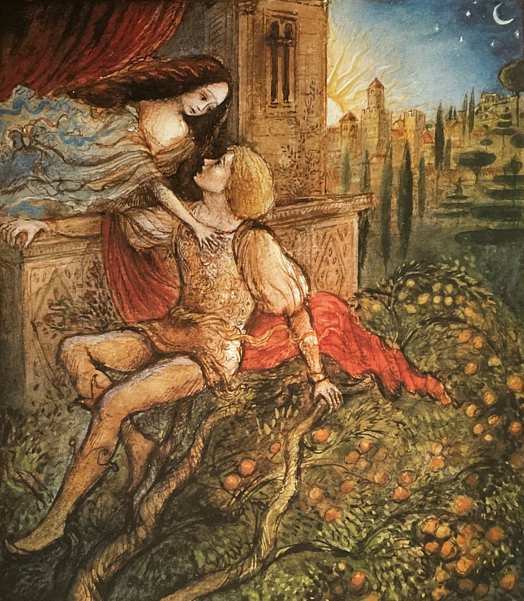 #BookIllustrationOfTheDay is “Romeo & Juliet”, as featured in”Shakespeare’s Stories” retold by Beverly Birch (1997). “It was the nightingale, and not the lark, That pierced the fearful hollow of thine” Assorted pencils, inks, washes #60for60