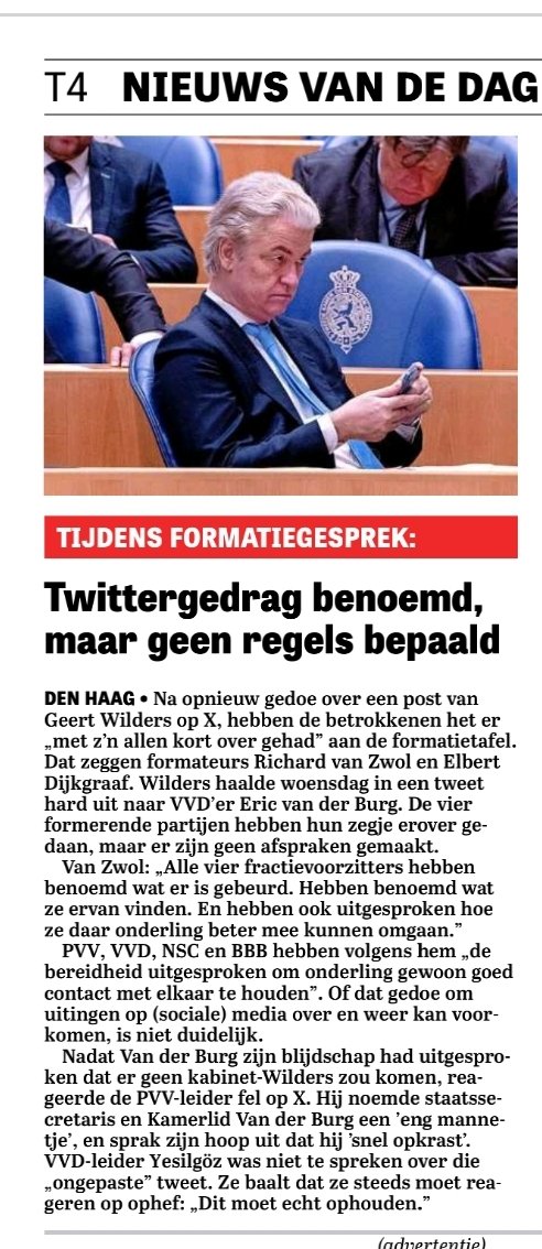 Ik kan mij indenken wat Wilders twittert na zo'n onbenullige opmerking van Erik van der Burg,  dat deze blij is dat er geen kabinet Wilders-1 komt.
Dat er geen kabinet Wilders-1 komt ligt allemaal aan de vertragingstaktiek van Omzigt.  Die Omzigt werkt alleen maar tegen.