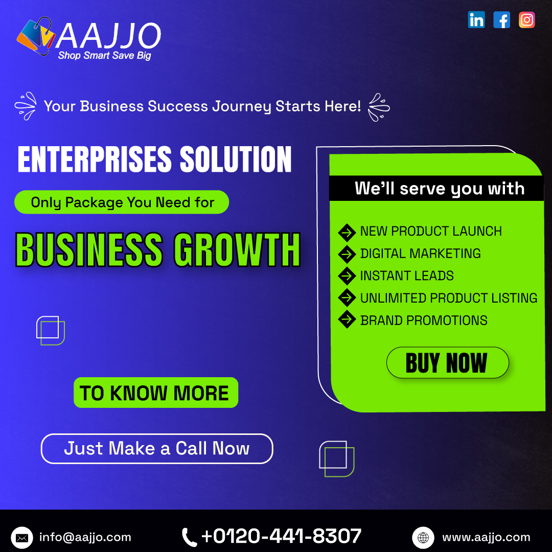 Struggling to grow your business? Aajjo's enterprise solution is the all-in-one answer to your business needs! Enjoy unlimited product listings and powerful brand promotion tools to speed up your success. #businesssolution #growth #ecommerce #marketing #digitalmarketing #b2b