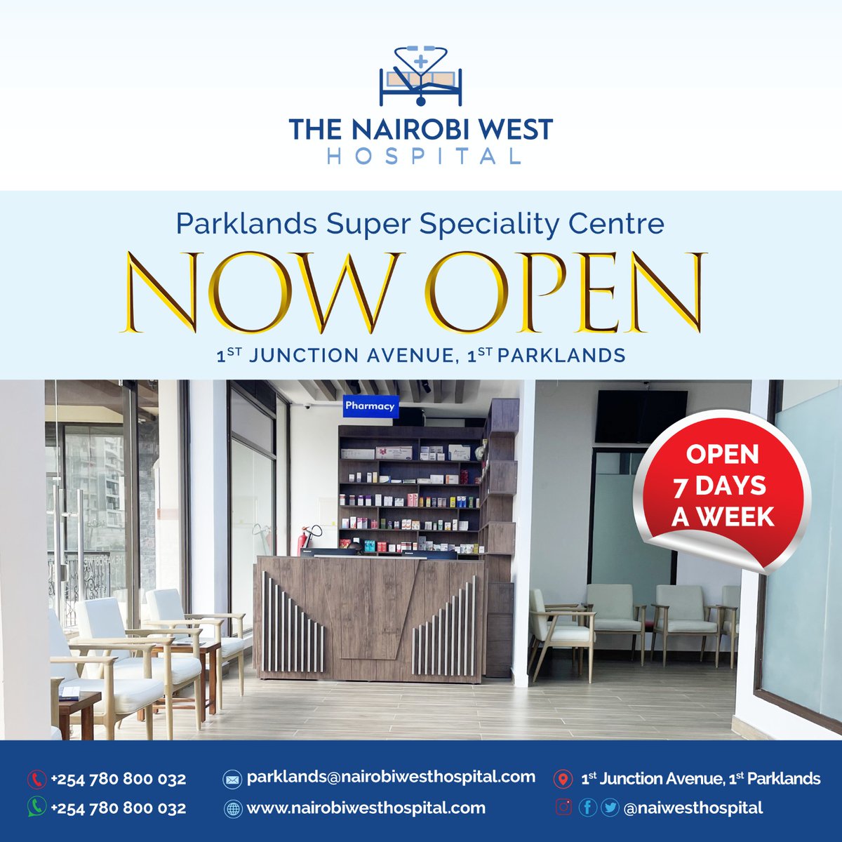 2/...Situated at 1st Junction, 1st Parklands Avenue, the clinic provides world-class outpatient services. Operating hours are Monday to Saturday, 7AM to 7PM, and Sunday, 8AM to 5PM. We eagerly anticipate serving your healthcare needs there! #TheNairobiWestHospital