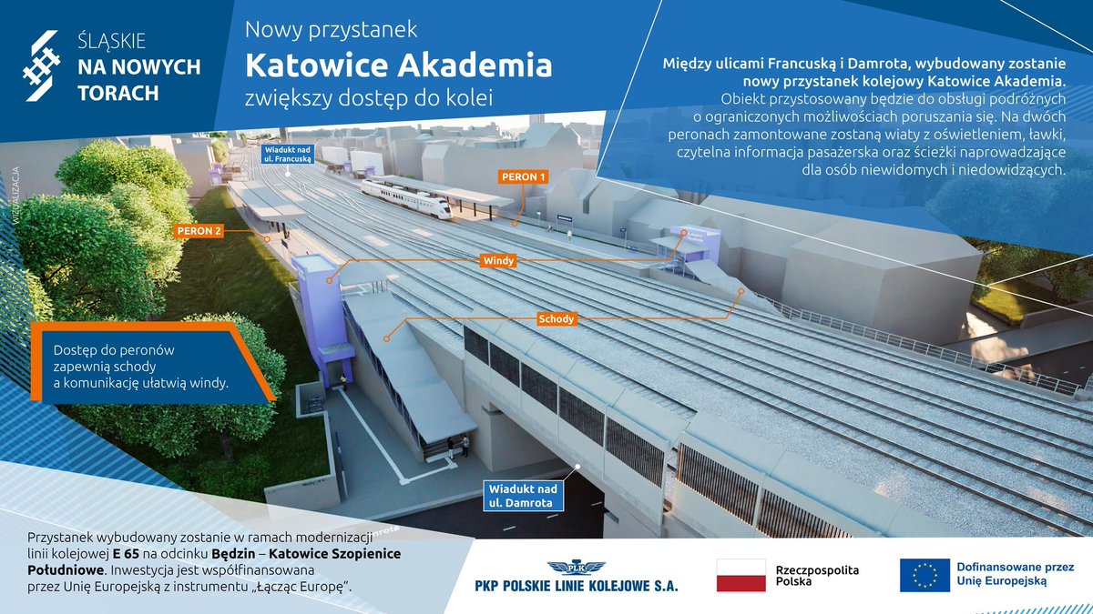 Efektem inwestycji na węźle katowickim będzie zwiększenie dostępu do kolei. Powstaną nowe przystanki, a istniejące zostaną dostosowane do obsługi wszystkich podróżnych. Będzie zbudowany m. in. nowy przystanek Katowice Akademia. #CEFTransport