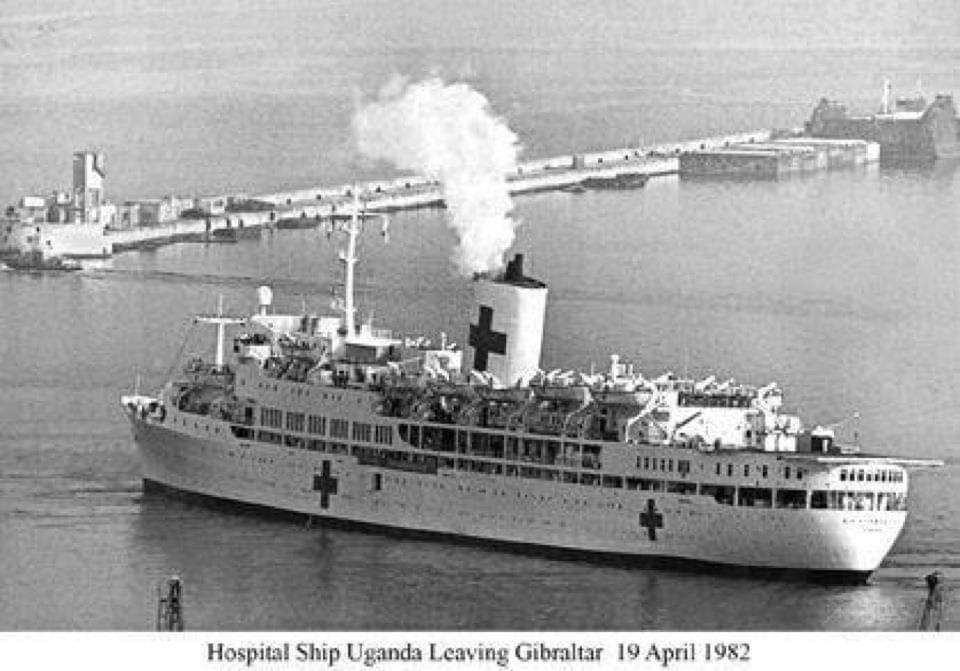 April 19th 1982: SS Uganda departs from Gibraltar in her new livery as a hospital ship. She has been converted to her new role from that of cruise liner in just 65 hours. This is the actual photo of her departing.