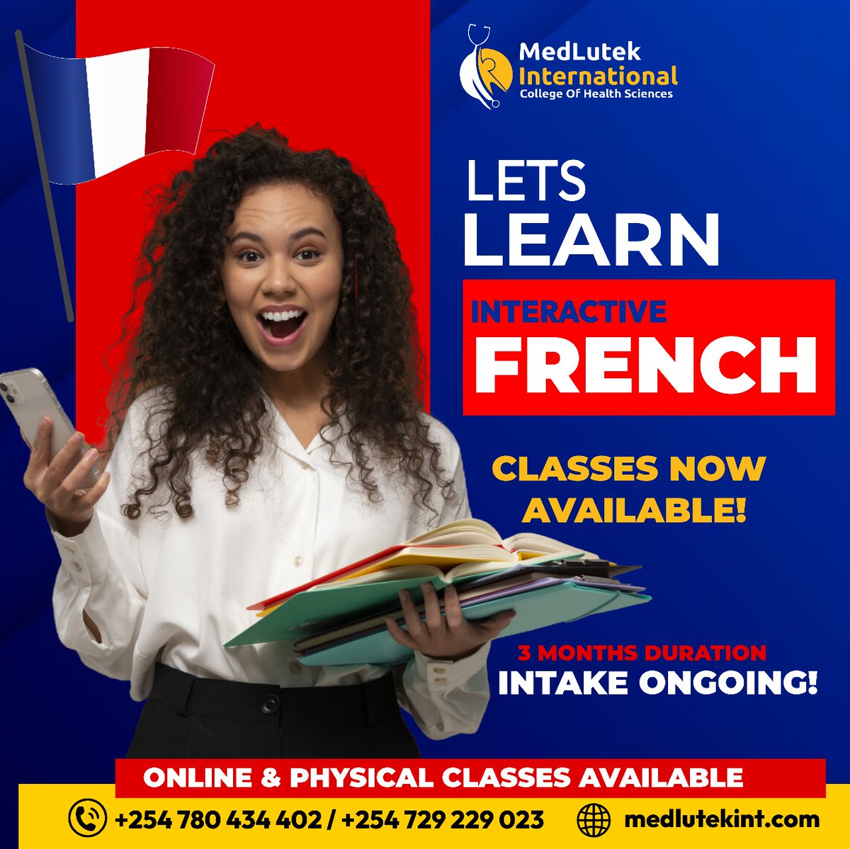 Whats stopping you from learning a new language? Join us, and learn French/Spanish, with our flexible online and part-time classes. Intake ongoing. medlutekint.com/enroll/ Call us on: 📞+254 780 434 402 0r +254 729 023 #Learnspanish #OnlineClasses #AprilIntake #Medlutekcares