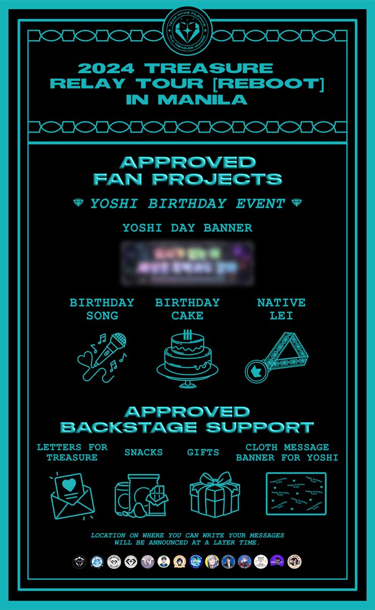 TeamHiyasPH's tweet photo. ⏻ ɴᴏᴡ ʟᴏᴀᴅɪɴɢ… 2024 TREASURE RELAY TOUR ‘REBOOT’ in MANILA 💎

Hello Filo Teumes! We now present to you the APPROVED FAN PROJECTS 🎉🩵

Complete guide will be posted separately🙏🏻 

Presented by @TeamHiyasPH 🇵🇭

#TREASURE_REBOOT_IN_MANILA
#Hiyas_Pilipinas #TREASURE #트레저 https://t.co/p9i6ujl1L9