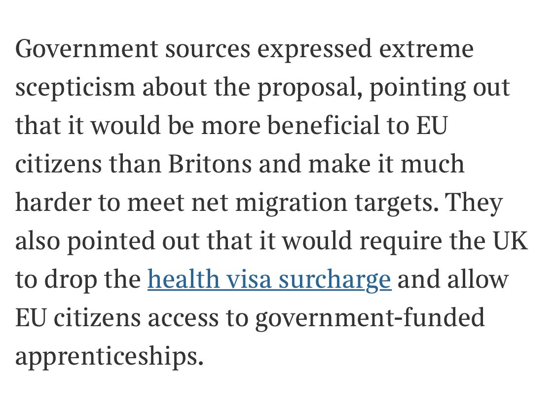 Tory reaction to EU’s youth mobility proposal: No kids. You can’t have those opportunities cos the foreign kids will get more out of it and might stay… A truly tragic tiny-minded response. Govt trashes the place but swaggers around in the ruins slamming all the doors. (Times)