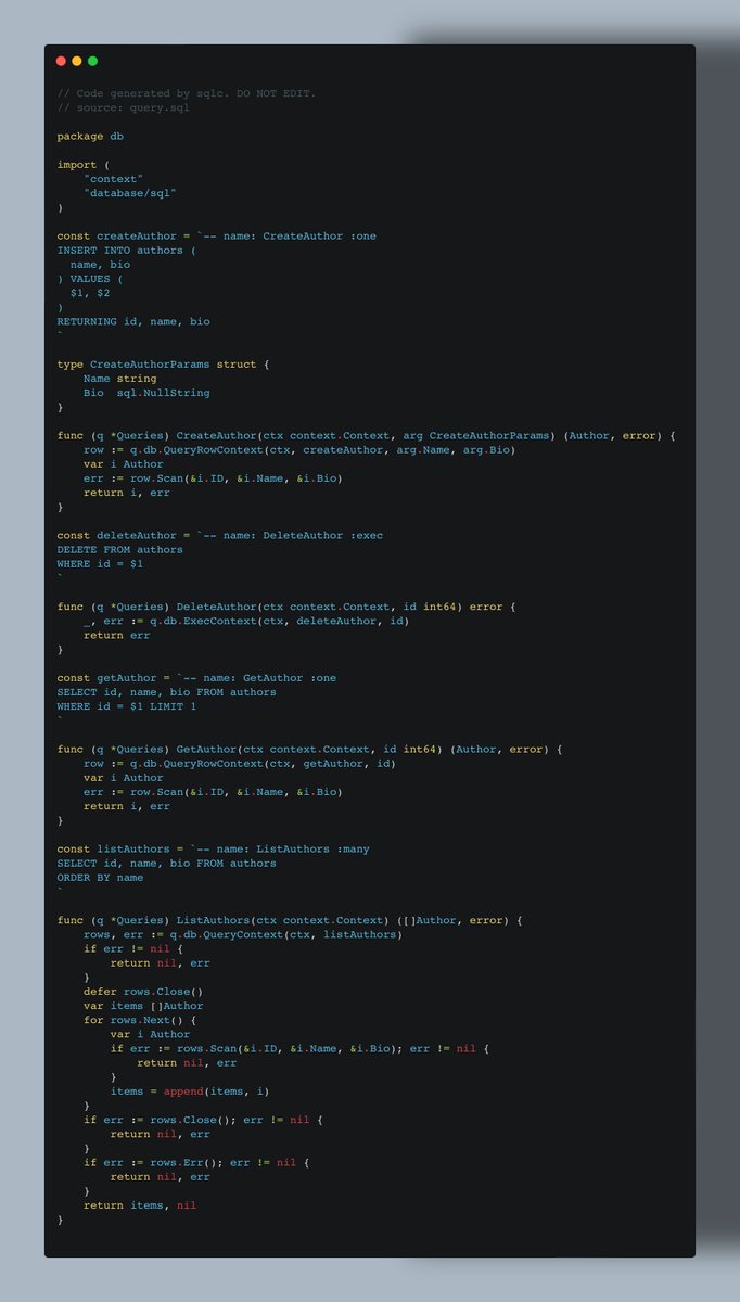 its official; #golang twitter loves sqlc!

What is it?
sqlc generates type-safe code from SQL.
- You write queries in SQL.
- You run sqlc to generate code with type-safe interfaces to those queries.
- You write application code that calls the generated code.

Here's an example.