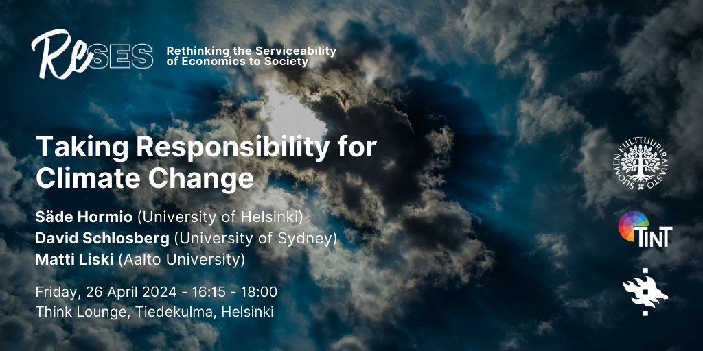 🗓️26 April 2024 📣Taking Responsibility for Climate Change feat. Säde Hormio (@helsinkiuni), David Schlosberg (@DSchlosberg, @Sydney_Uni) & Matti Liski (@AaltoUniversity) 💻 youtube.com/watch?v=4shQgw… ℹ️ reses-argumenta.fi/?p=1058 @tiedekulma @SocSciHelsinki @HelsinkiPoS @Skr_fi