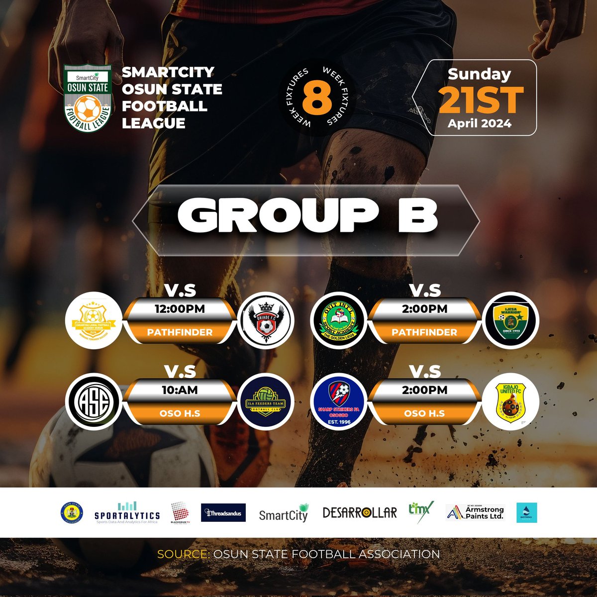 Smartcity Osun State Football League
Week 8 fixtures 
Group B
@GoldenIjes78037 @IgbajoF32230 @OvitSport @OsunFa @SmartCityOSFL