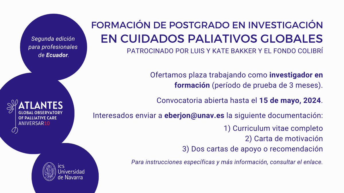 ¿Vives en Ecuador 🇪🇨 y quieres formarte en investigación en cuidados paliativos? Esta convocatoria puede interesarte. ¡Envíanos tu solicitud antes del 15 de mayo!

📩Instrucciones y requisitos: bit.ly/4aFqrmR
ℹ️Información del programa: bit.ly/49KGSwW