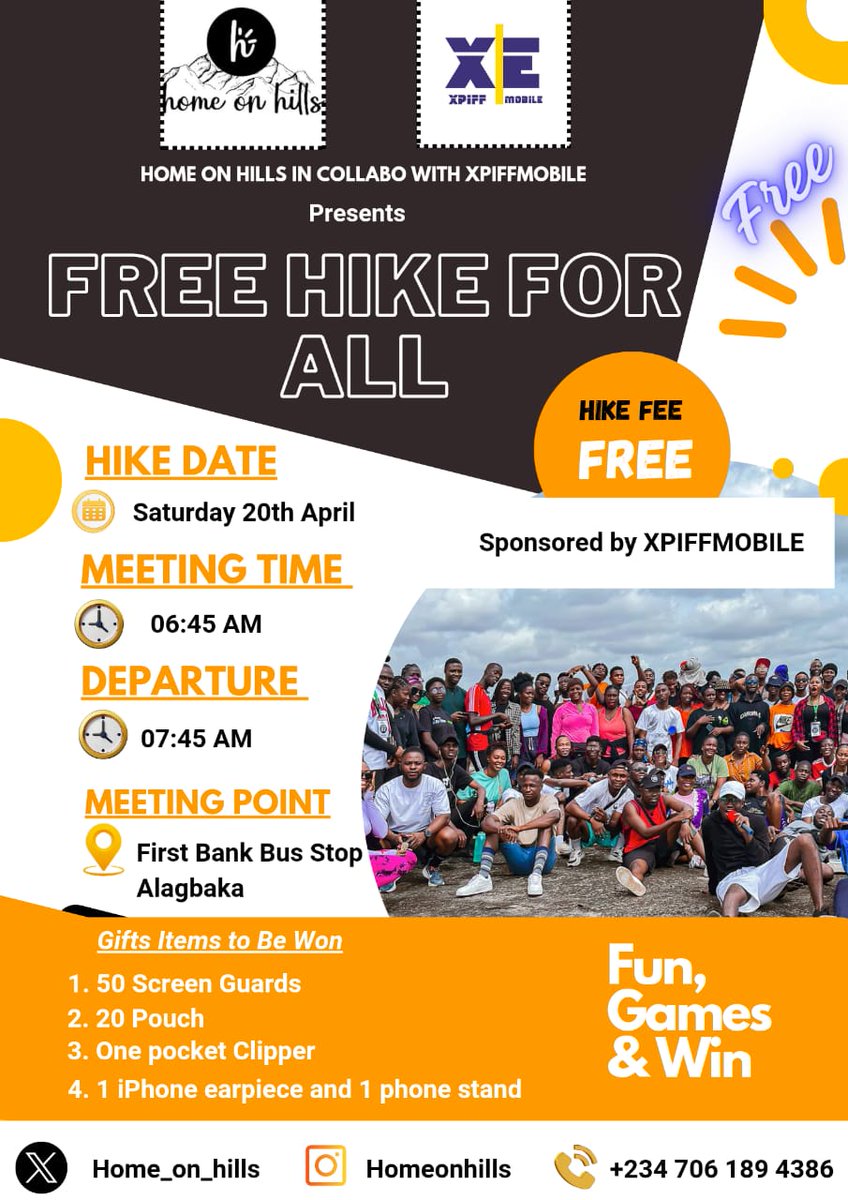 HomeOnHills's tweet photo. ... *_réserve cette date - Saturday 20th April, 2024._*
Hike Fee: *FREE (Courtesy of XPIFFMOBILE).*
NB: You will be required to save the number of the sponsor via barcode. He gets to save yours too. https://t.co/QD8z9TrtD6