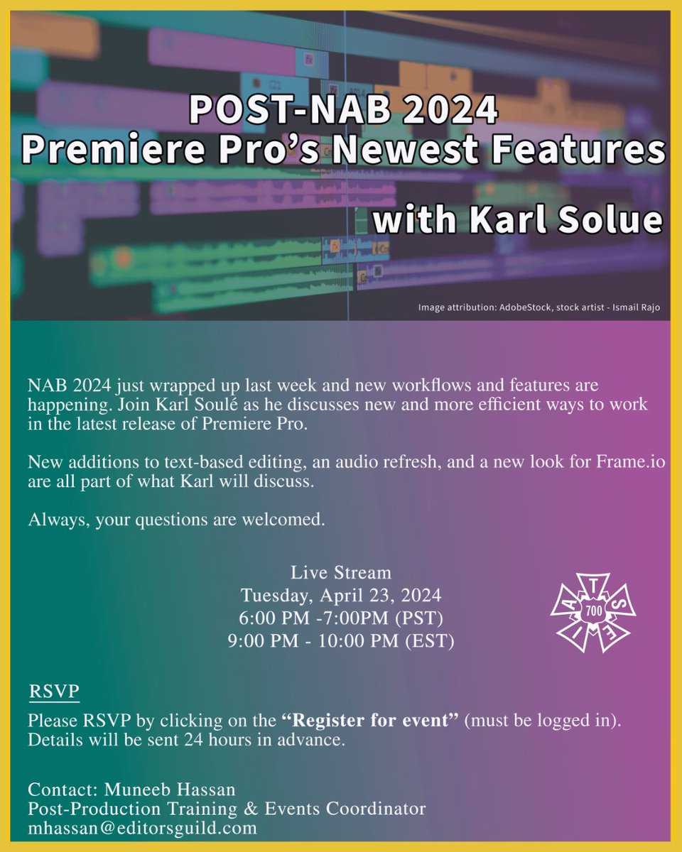 Register to join us on 4/23 for the live stream of 'Post-NAB 2024: Premiere Pro’s Newest Features.' RSVP Here: loom.ly/a-hua3U (Must be Logged In - Must be a Local 700 Member)