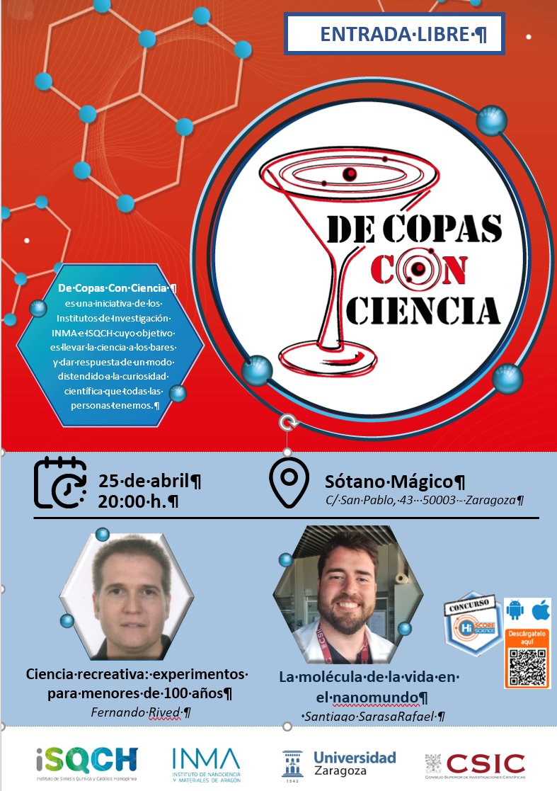ISQCH's tweet photo. El jueves 25 de abril, nueva sesión de #DeCopasConCiencia os esperamos en @ElSotanoMagico 

Más información: https://t.co/4Y5z0SR4x0

@CSICdivulga @UccUnizar @AragonCsic @Ciencias_Unizar @EINAunizar @SilosColegio https://t.co/hvFPYEQhP5