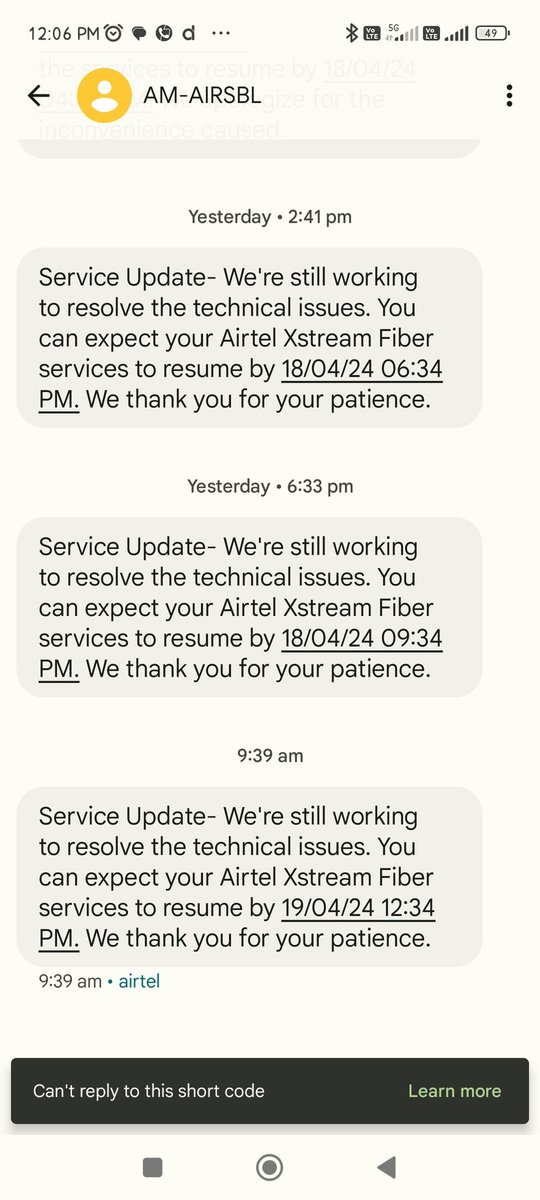 SmartyChinmay's tweet photo. @Airtel_Presence from the last two days facing network outage. Recd msg with engineer contact number but he has no idea who is working on it. Totally disappointed https://t.co/1ux8WXBVhO