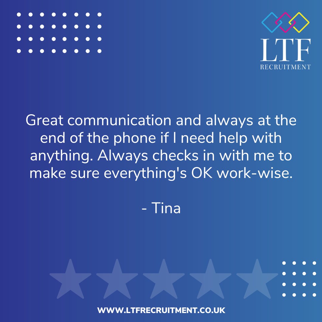 LTFRecruitment's tweet photo. Thrilled to receive such kind words ! 🌟 At LTF, we prioritise clear communication and support for our team. Hearing that our efforts make a difference means the world to us. Thank you, for your valuable feedback! https://t.co/KrFT2X07Bd
