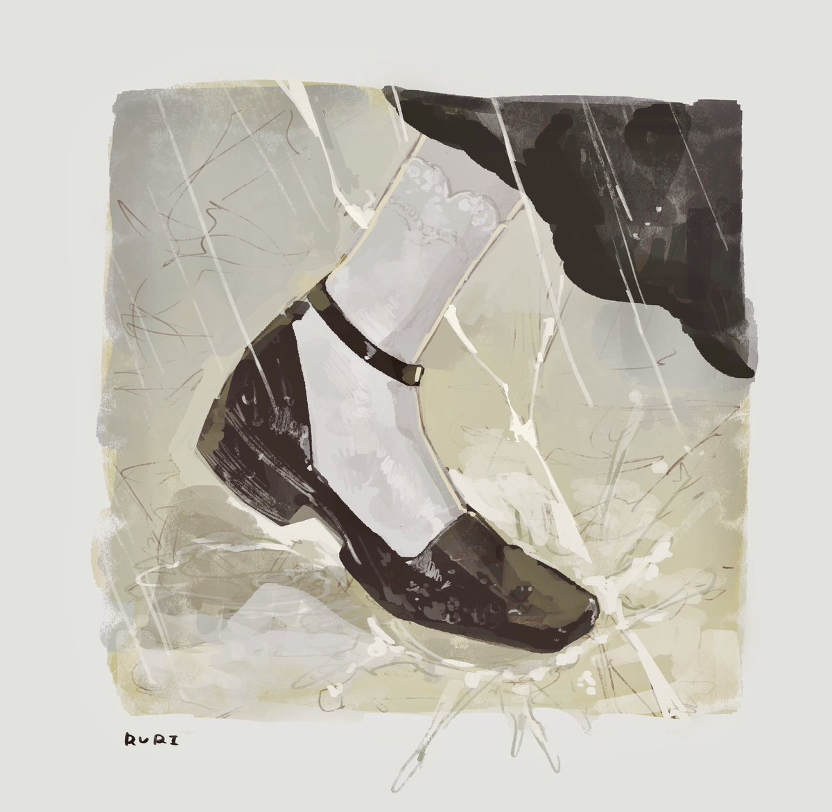 1girl solo shoes socks black footwear dated border  illustration images