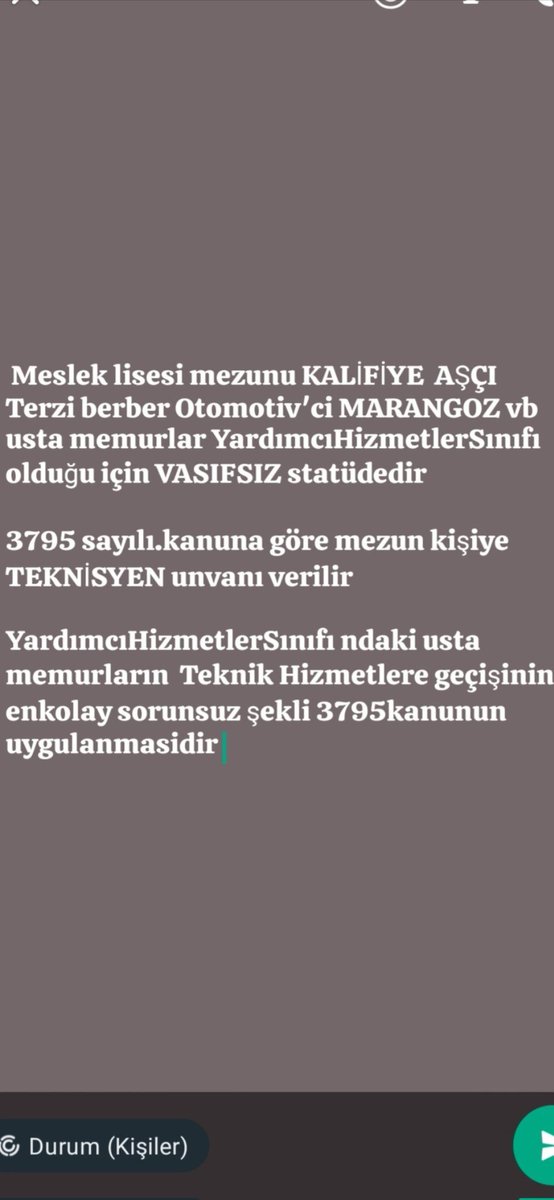 @Fetaysabanc2 @_aliyalcin_ @TurkesGuney @BuroMemurSen_ @turkegitimsen Aşçı,berber,terzi,Otomotiv'ci,v.b. #YardımcıHizmetlerSınıfı nda görev yapan devlet memurlarının sınıflarının “Teknik Hizmetler Sınıfı” olarak düzenlenmesi, @csgbakanligi @vedatbilgn @farukozcelikgsb @hamzaoksz @TurkesGuney @OnderKahveci @talatyavuz29 @evkaf @AhmetAYDIN_02