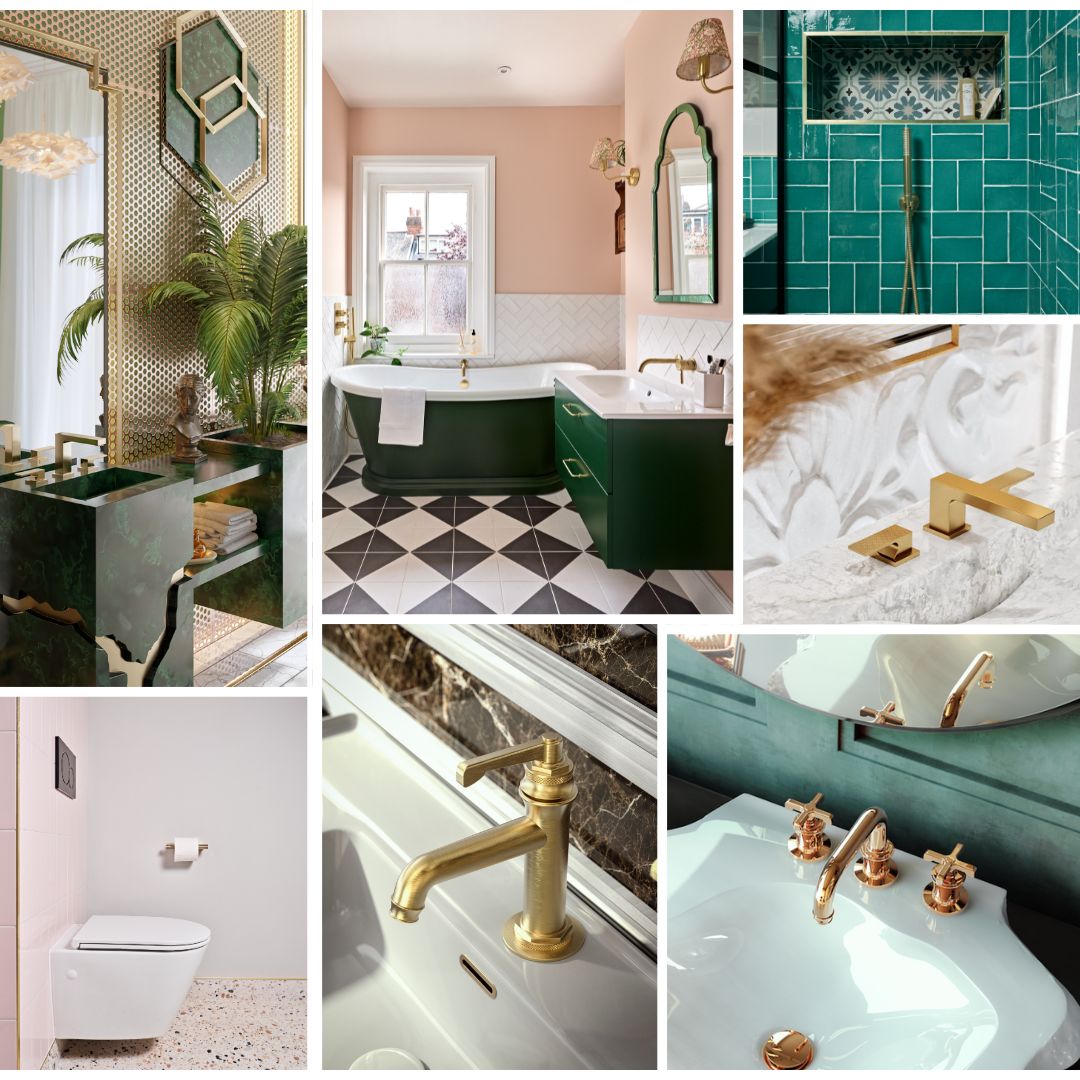 Has anyone else been watching Palm Royale on @appletv? We love the aesthetic of the show with its high society style, extravagant gold brassware, bold patterned tiles and palm leaf prints. It's even inspired our very own Palm Royale bathroom moodboard...