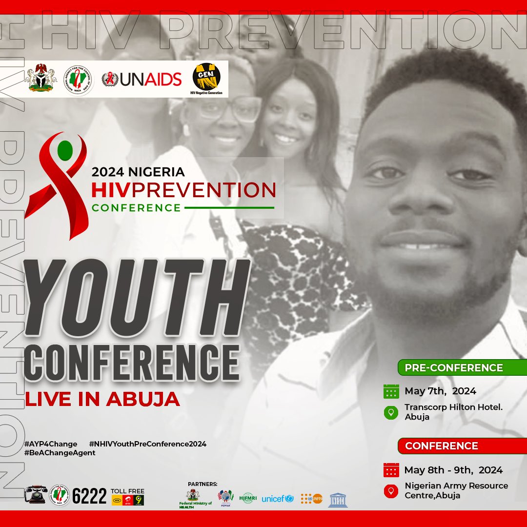 We're thrilled about the 2024 Nigeria HIV Prevention Youth Conference! Pre-conference: May 7 Main Conference: May 8-9 in Abuja. Don't miss your chance! Apply by April 15, 2024. Apply here: nigeriahivprevcon24.com #AYP4Change #NHIVYPC2024