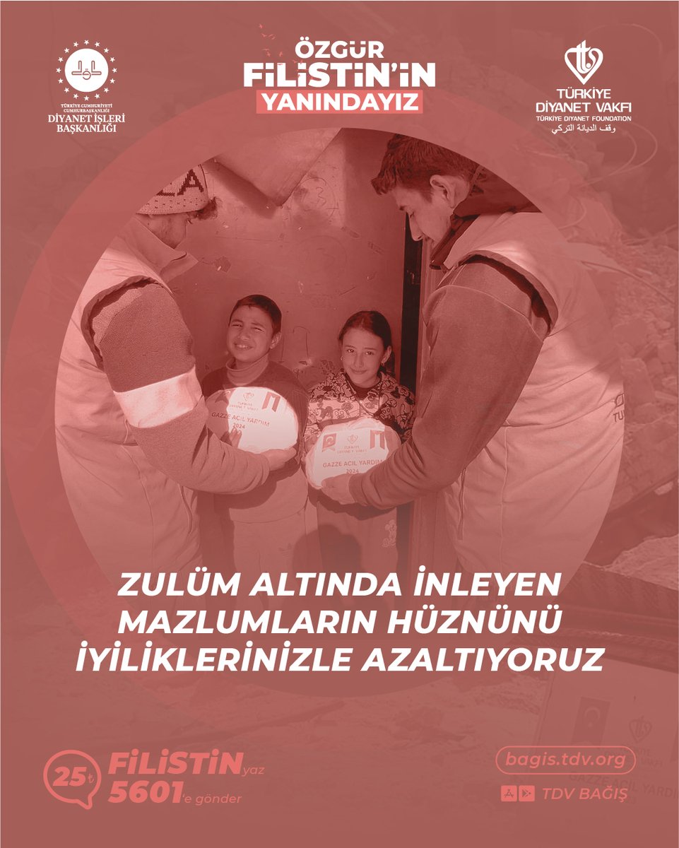 Zulüm altında inleyen mazlumların hüznünü iyiliklerinizle azaltıyoruz #ÖzgürFilistininYanındayız FİLİSTİN yazıp 5601’e SMS göndererek 25 TL destekte bulunabilir ya da bagis.tdv.org adresinden online bağış yapabilirsiniz.