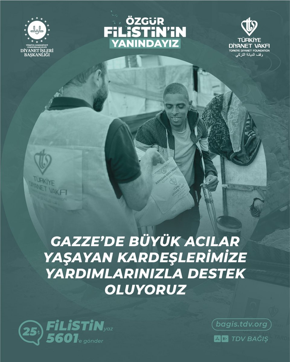 Gazze’de büyük acılar yaşayan kardeşlerimize yardımlarınızla destek oluyoruz #ÖzgürFilistininYanındayız FİLİSTİN yazıp 5601’e SMS göndererek 25 TL destekte bulunabilir ya da bagis.tdv.org adresinden online bağış yapabilirsiniz.