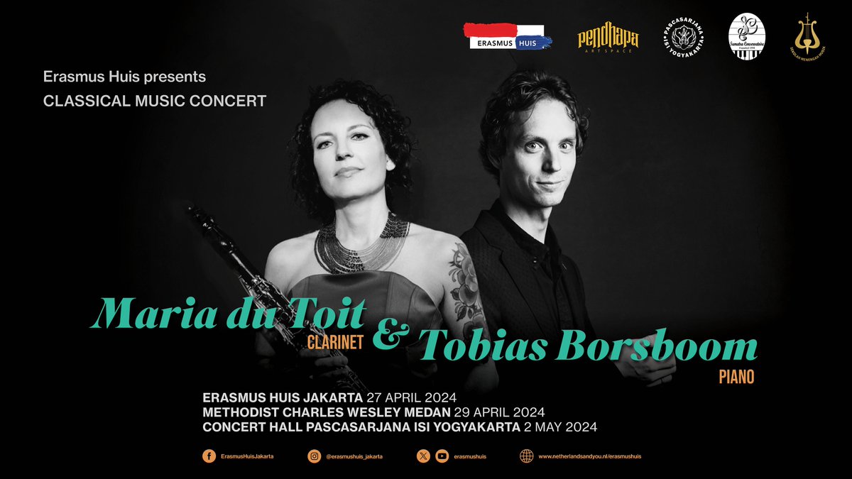 Join us for a captivating classical music experience with award-winning clarinetist Maria du Toit and pianist Tobias Borsboom! 🎶 Catch their performances in Jakarta, Medan and Yogyakarta in the coming weeks, for more info see thread below ⬇️