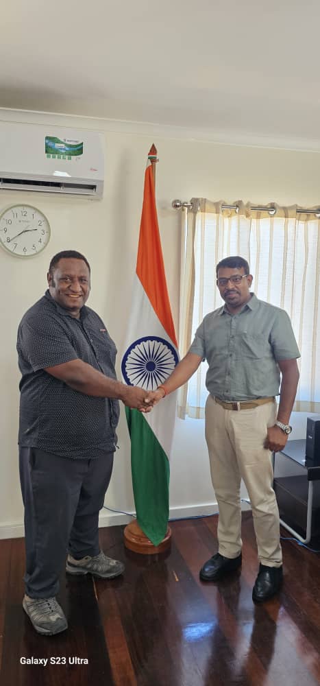 First Secy(Pol) Shri Ravindra Nath handed over Air tickets to Mr.Tommy Angau, Asst Dir(Asia) Dept of Foreign Affairs of Papua New Guinea, who will be attending 71st Professional Course for Foreign Diplomats from 22 Apr-3 May 2024 @SSIFS_MEA New Delhi. Wish him all success !