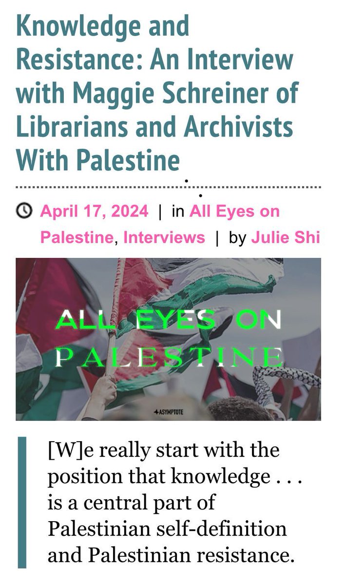 Librarians2Pal's tweet photo. Thank you @asymptotejrnl for speaking to us about our report on Israeli Damage to Archives, Libraries, and Museums in Gaza. Read the article (and the report!) at the link in our bio. https://t.co/NnnSURDyBo